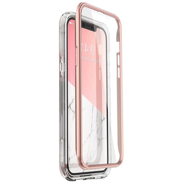 Husa 360 Extravaganza compatibila cu iPhone 12 Mini, Protectie completa (ecran-spate-margini), Fonix Cosmo Marble, Roz