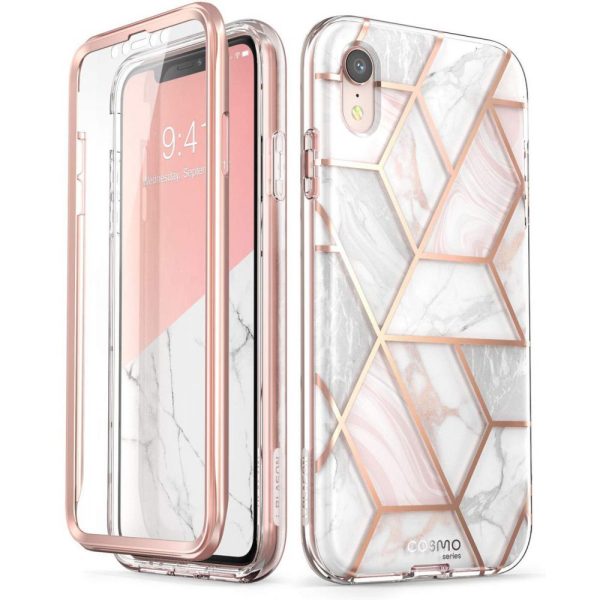 Husa 360 Extravaganza compatibila cu iPhone XR, Protectie completa (ecran-spate-margini), Fonix Cosmo Marble, Roz3