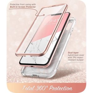 Husa 360 Extravaganza compatibila cu iPhone XR, Protectie completa (ecran-spate-margini), Fonix Cosmo Marble, Roz