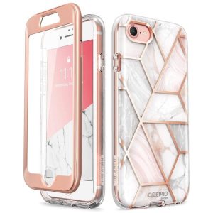 Husa 360 Extravaganza compatibila cu iPhone SE 2 2020, Protectie completa (ecran-spate-margini), Fonix Cosmo Marble, Roz3