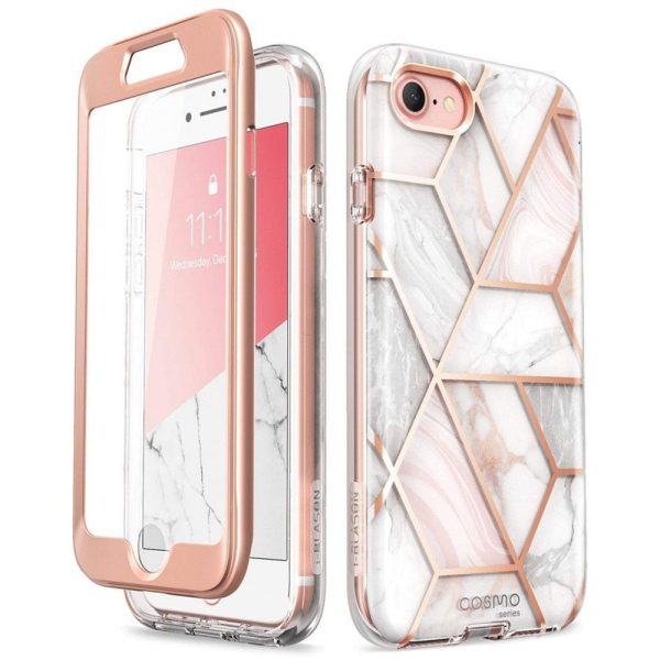 Husa 360 Extravaganza compatibila cu iPhone SE 2 2020, Protectie completa (ecran-spate-margini), Fonix Cosmo Marble, Roz3