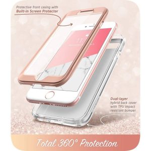 Husa 360 Extravaganza compatibila cu iPhone SE 2 2020, Protectie completa (ecran-spate-margini), Fonix Cosmo Marble, Roz