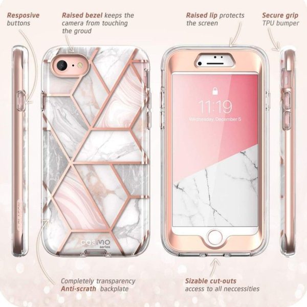 Husa 360 Extravaganza compatibila cu iPhone SE 2 2020, Protectie completa (ecran-spate-margini), Fonix Cosmo Marble, Roz4