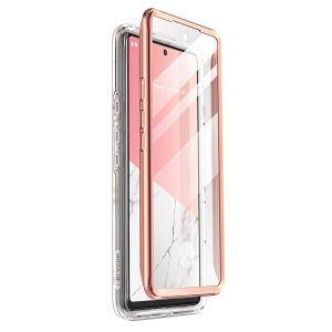 Husa 360 Extravaganza compatibila cu Google Pixel 6 Pro, Protectie completa (ecran-spate-margini), Fonix Cosmo Marble, Roz