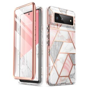 Husa 360 Extravaganza compatibila cu Google Pixel 6 Pro, Protectie completa (ecran-spate-margini), Fonix Cosmo Marble, Roz2