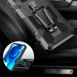 Husa Comando Belt Clip compatibila cu Samsung Galaxy M22 4G, Extreme Protection, Military Grade TPU, Metal Stand, Suport auto magnetic integrat, Prindere la curea, Negru