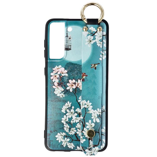 Husa Crossbody Pattern compatibila cu Samsung Galaxy S21, Comando Fonix, Imprimeu grafic, Lant textil detasabil, Turcoaz