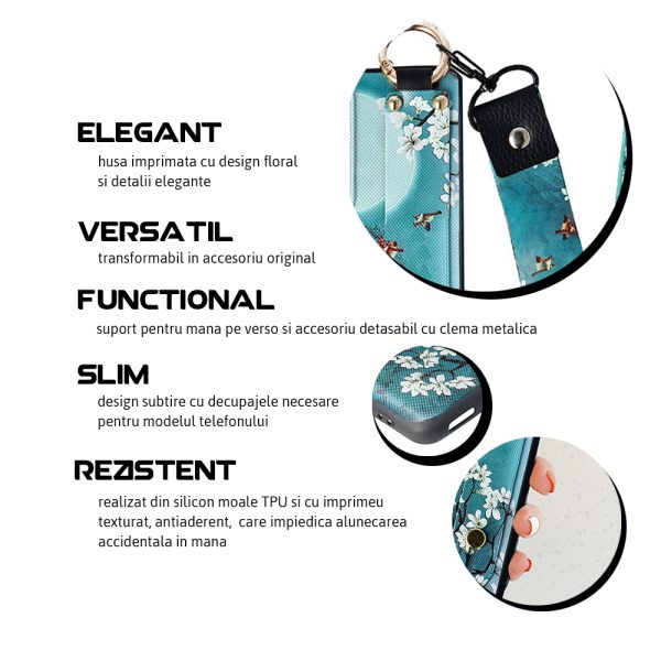 Husa Crossbody Pattern compatibila cu Samsung Galaxy S21, Comando Fonix, Imprimeu grafic, Lant textil detasabil, Turcoaz4