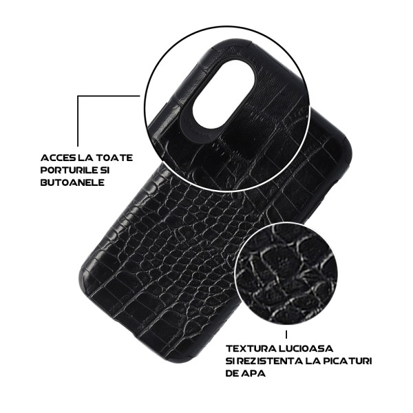 Husa Crocs Leather compatibila cu iPhone X/XS, Comando Fonix, Textura piele crocodil, Montare snap-on, Slim, Piele ecologica si TPU, Negru4