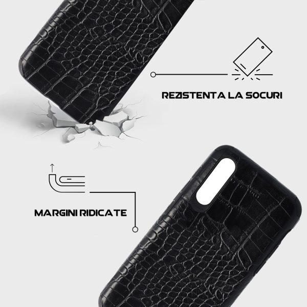 Husa Crocs Leather compatibila cu Samsung Galaxy A50, Comando Fonix, Textura piele crocodil, Montare snap-on, Slim, Piele ecologica si TPU, Negru