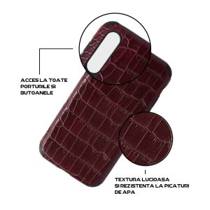 Husa Crocs Leather compatibila cu Samsung Galaxy A50, Comando Fonix, Textura piele crocodil, Montare snap-on, Slim, Piele ecologica si TPU, Visiniu4