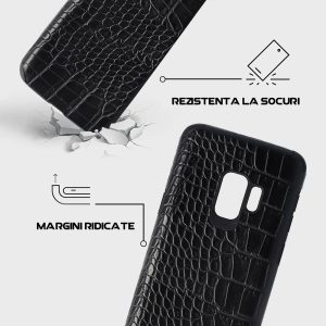 Husa Crocs Leather compatibila cu Samsung Galaxy S9, Comando Fonix, Textura piele crocodil, Montare snap-on, Slim, Piele ecologica si TPU, Negru