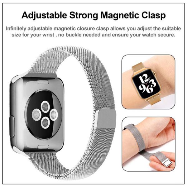 Curea compatibila cu Apple Watch 1 38 mm, Fonix Braided Steel, Milanese Loop, Metalica, Comfortabila, Durabila, Atasare slide-in / slide-out, Argintiu - 5