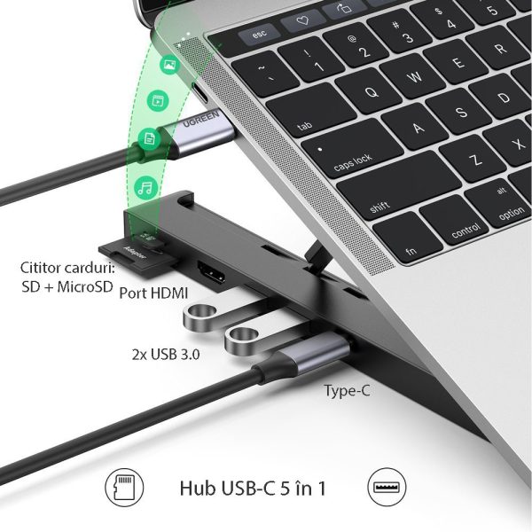 Suport laptop cu docking station, Hub 5 in 1, USB-C la 2 x USB, HDMI 4K@30Hz, Cititor card SD si MicroSD, 4 nivele de reglare, Pliabil si usor de transportat, Negru - 2