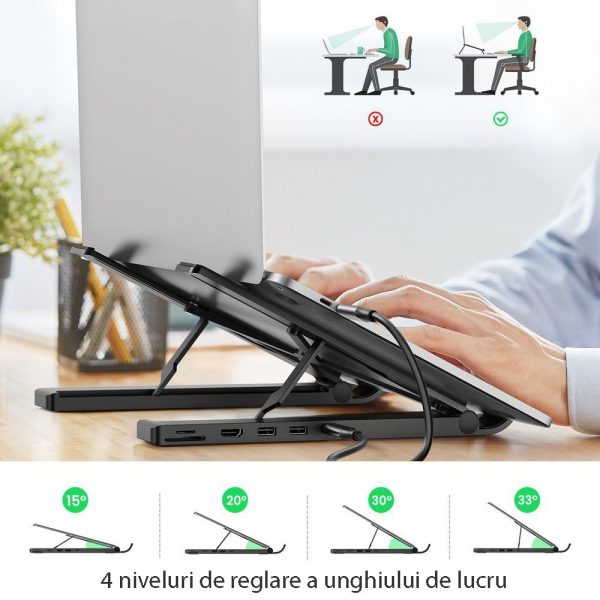 Suport laptop cu docking station, Hub 5 in 1, USB-C la 2 x USB, HDMI 4K@30Hz, Cititor card SD si MicroSD, 4 nivele de reglare, Pliabil si usor de transportat, Negru - 3