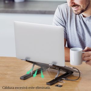 Suport laptop cu docking station, Hub 5 in 1, USB-C la 2 x USB, HDMI 4K@30Hz, Cititor card SD si MicroSD, 4 nivele de reglare, Pliabil si usor de transportat, Negru - 4