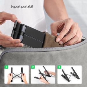 Suport laptop cu docking station, Hub 5 in 1, USB-C la 2 x USB, HDMI 4K@30Hz, Cititor card SD si MicroSD, 4 nivele de reglare, Pliabil si usor de transportat, Negru - 6