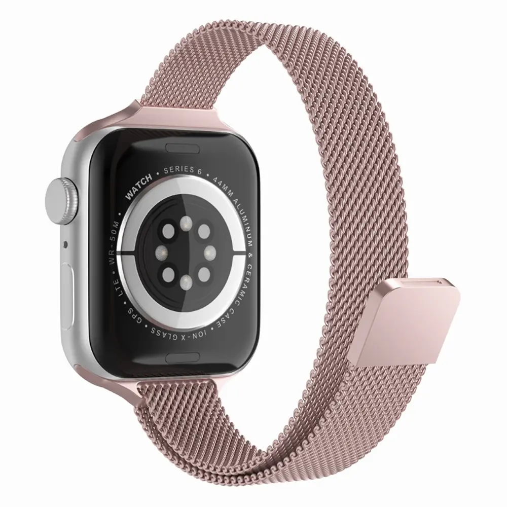 Curea compatibila cu Apple Watch 6 44 mm, Fonix Braided Steel, Milanese Loop, Metalica, Comfortabila, Durabila, Atasare slide-in / slide-out, Roz