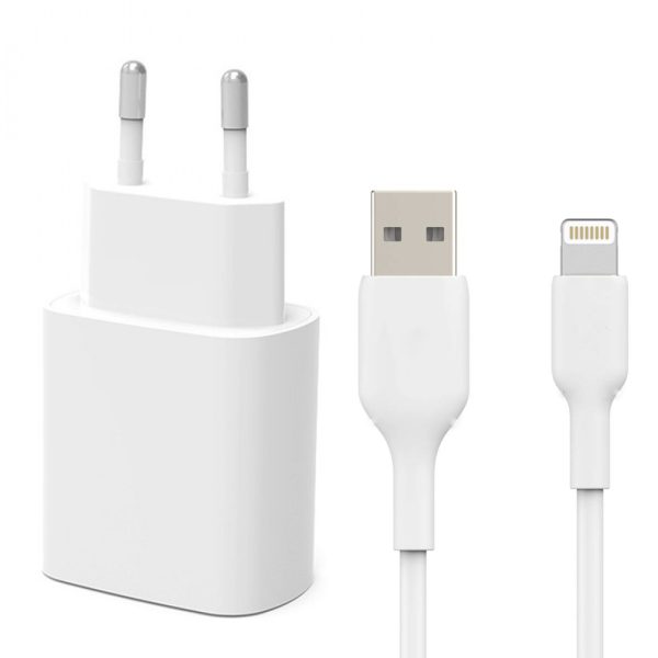 Incarcator retea, compatibil cu iPhone, cablu inclus, Tenor PowerPack, 2xUSB-A, cablu USB-A la Lightning, 2A, 1m, Alb