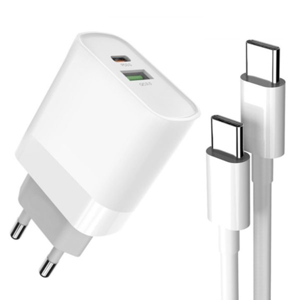 Incarcator retea, Fast Charge, cablu USB-C la USB-C inclus, ElectroCharge Pro, 1xUSB-A, 1xUSB-C, Adaptor 18W, 3A, Alb