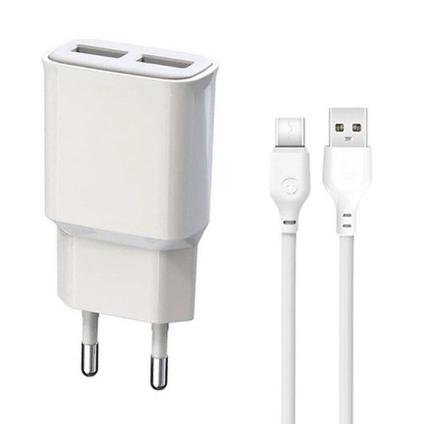 Incarcator retea, cablu USB-C inclus, ElectroCharge Trip, 2xUSB-A, Adaptor 12W, 2A, Alb