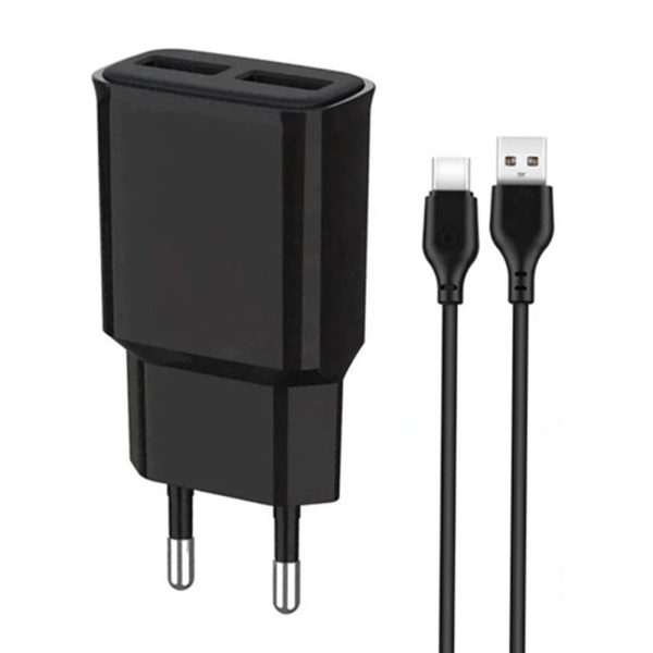 Incarcator retea, cablu USB-C inclus, ElectroCharge Trip, 2xUSB-A, Adaptor 12W, 2A, Negru