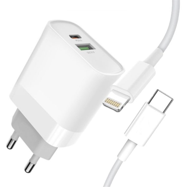 Incarcator retea compatibil cu iPhone, Fast Charge, cablu USB-C la Lightning inclus, ElectroCharge Pro, 1xUSB-A, 1xUSB-C, Adaptor 18W, 3A, Alb