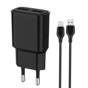 Incarcator retea compatibil cu iPhone, ElectroCharge Trip, cablu Lightning inclus, 2xUSB-A, Adaptor 12W, 2A, Negru