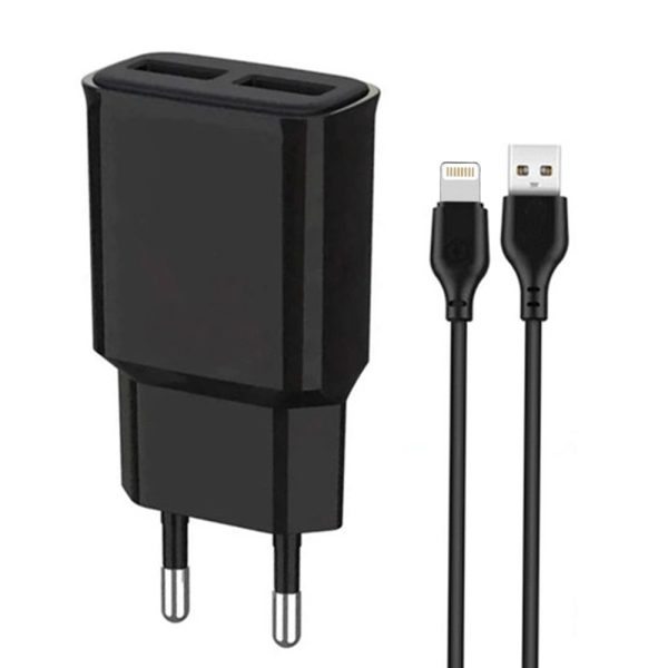 Incarcator retea compatibil cu iPhone, ElectroCharge Trip, cablu Lightning inclus, 2xUSB-A, Adaptor 12W, 2A, Negru