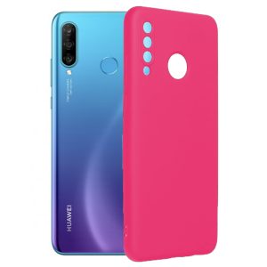 Husa protectie, interior de catifea, compatibila cu Huawei P30 Lite, FONIX BloomShield, silicon, margini ridicate, slim, Roz neon