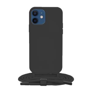 Husa protectie cu snur integrat, compatibila cu Apple iPhone 12, FONIX ShieldBand, silicon mat, interior microfibra, lant 170 cm, Negru