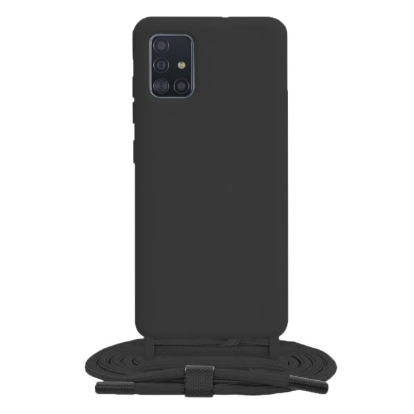 Husa protectie cu snur integrat, compatibila cu Samsung Galaxy A51 4G, FONIX ShieldBand, silicon mat, interior microfibra, lant 170 cm, Negru