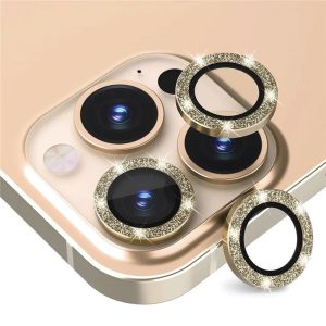 Set lentile protectie camere, Sticla securizata, Compatibile cu Apple iPhone 13 Pro, Glitter SparkDefense, Margini metalizate, Anti-zgarieturi, Anti-Lens Flare, Montare usoara, Auriu - 2