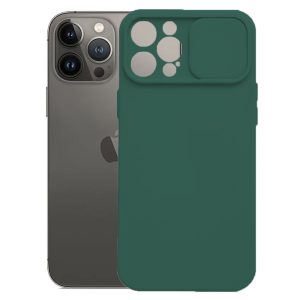 Husa cu protectie la camere, Compatibila cu Apple iPhone 14 Pro Max, LensGuard Secure, Capac glisant, Protectie lentile, Silicon, Microfibra la interior, Verde inchis