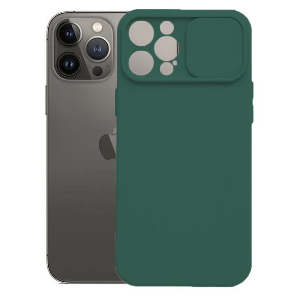 Husa cu protectie la camere, Compatibila cu Apple iPhone 14 Pro, LensGuard Secure, Capac glisant, Protectie lentile, Silicon, Microfibra la interior, Verde inchis