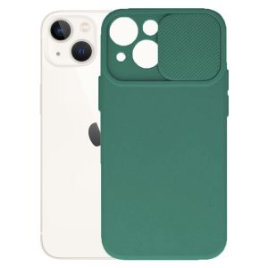 Husa cu protectie la camere, Compatibila cu Apple iPhone 14 Plus, LensGuard Secure, Capac glisant, Protectie lentile, Silicon, Microfibra la interior, Verde inchis