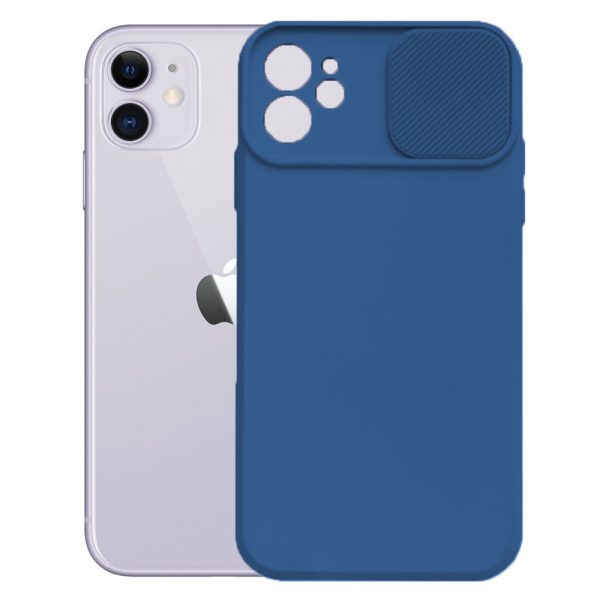 Husa cu protectie la camere, Compatibila cu Apple iPhone 12, LensGuard Secure, Capac glisant, Protectie lentile, Silicon, Microfibra la interior, Albastru inchis