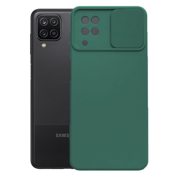 Husa cu protectie la camere, Compatibila cu Samsung Galaxy A12 / M12, LensGuard Secure, Capac glisant, Protectie lentile, Silicon, Microfibra la interior, Verde inchis