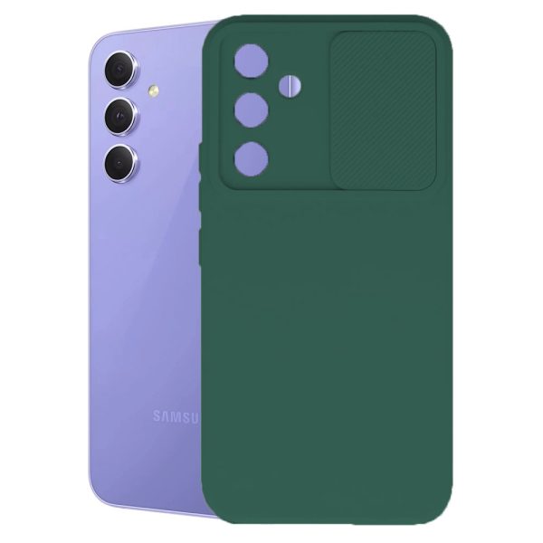 Husa cu protectie la camere, Compatibila cu Samsung Galaxy A14 4G, LensGuard Secure, Capac glisant, Protectie lentile, Silicon, Microfibra la interior, Verde inchis