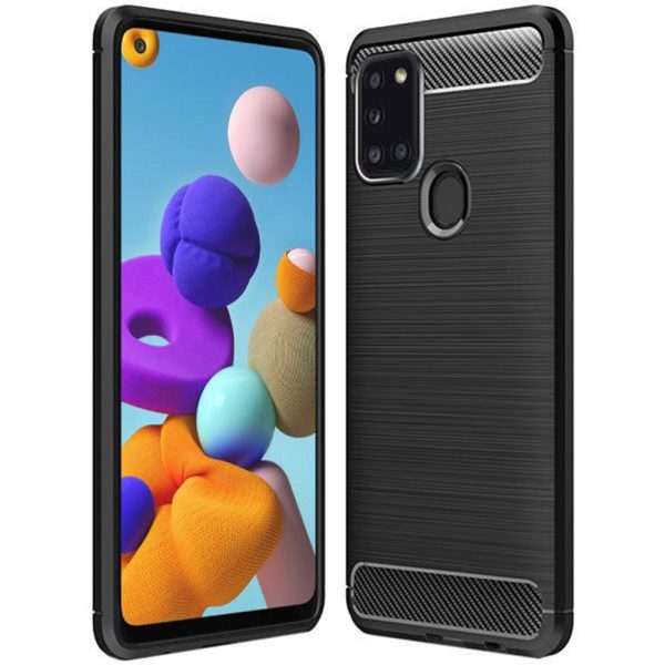 Husa Supreme Carbon compatibila cu Samsung Galaxy A21S, Protectie precisa, Design canelat, Margini ranforsate, Anti-amprente, Negru