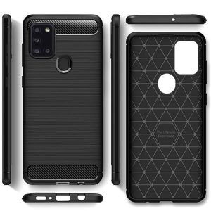 Husa Supreme Carbon compatibila cu Samsung Galaxy A21S, Protectie precisa, Design canelat, Margini ranforsate, Anti-amprente, Negru3