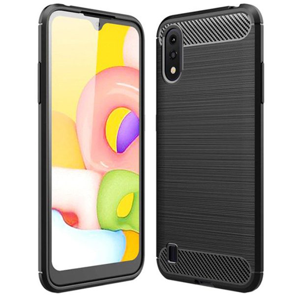 Husa Supreme Carbon compatibila cu Samsung Galaxy A01, Protectie precisa, Design canelat, Margini ranforsate, Anti-amprente, Negru