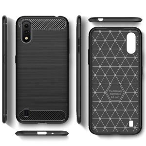 Husa Supreme Carbon compatibila cu Samsung Galaxy A01, Protectie precisa, Design canelat, Margini ranforsate, Anti-amprente, Negru