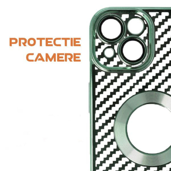 Husa protectie, Compatibila cu Apple iPhone 13, Graphite Shell, Tip carbon, Slim fit, Protectie camere, Verde3