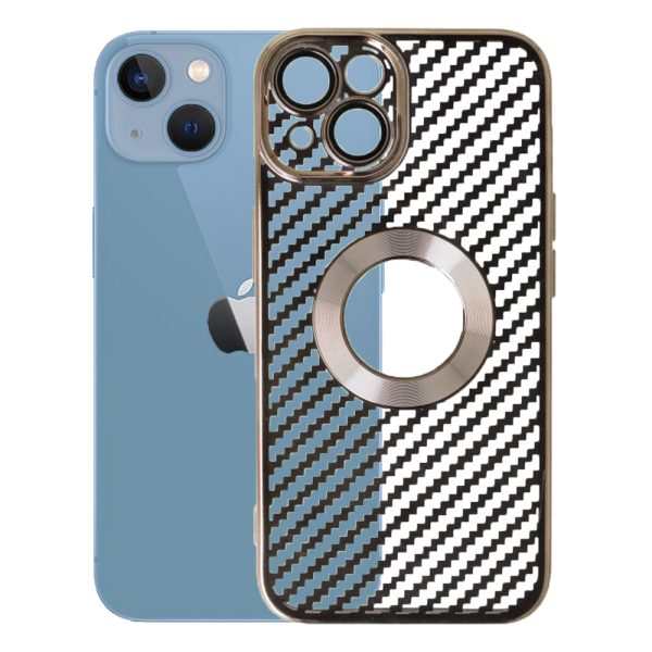 Husa protectie, Compatibila cu Apple iPhone 14, Graphite Shell, Tip carbon, Slim fit, Protectie camere, Auriu