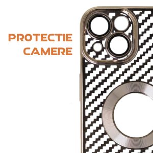 Husa protectie, Compatibila cu Apple iPhone 14, Graphite Shell, Tip carbon, Slim fit, Protectie camere, Auriu3