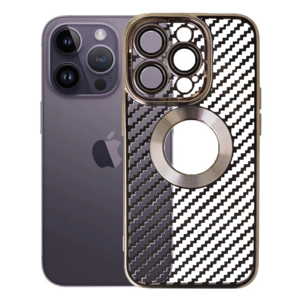 Husa protectie, Compatibila cu Apple iPhone 14 Pro, Graphite Shell, Tip carbon, Slim fit, Protectie camere, Auriu