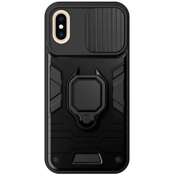 Husa telefon, Rugged Defense RingCase, Compatibila cu Apple iPhone X / XS, Anti-soc, Inel metalic, Functie stand, Magnet, Capac glisant, Negru