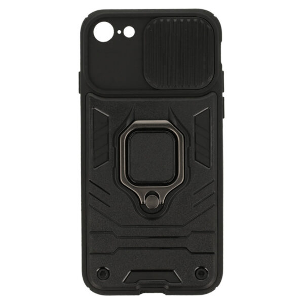 Husa telefon, Rugged Defense RingCase, Compatibila cu Apple iPhone 7, Anti-soc, Inel metalic, Functie stand, Magnet, Capac glisant, Negru