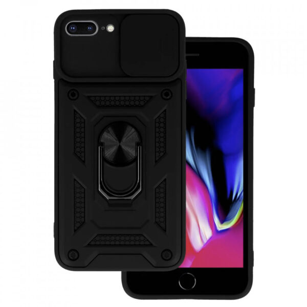 Husa telefon, compatibila cu Apple iPhone 7 Plus / 8 Plus, Rugged Shield LensProtect, Anti-soc, Capac glisant pentru camere, Protectie lentile, Acoperire completa, Inel de prindere, Magnet, Negru